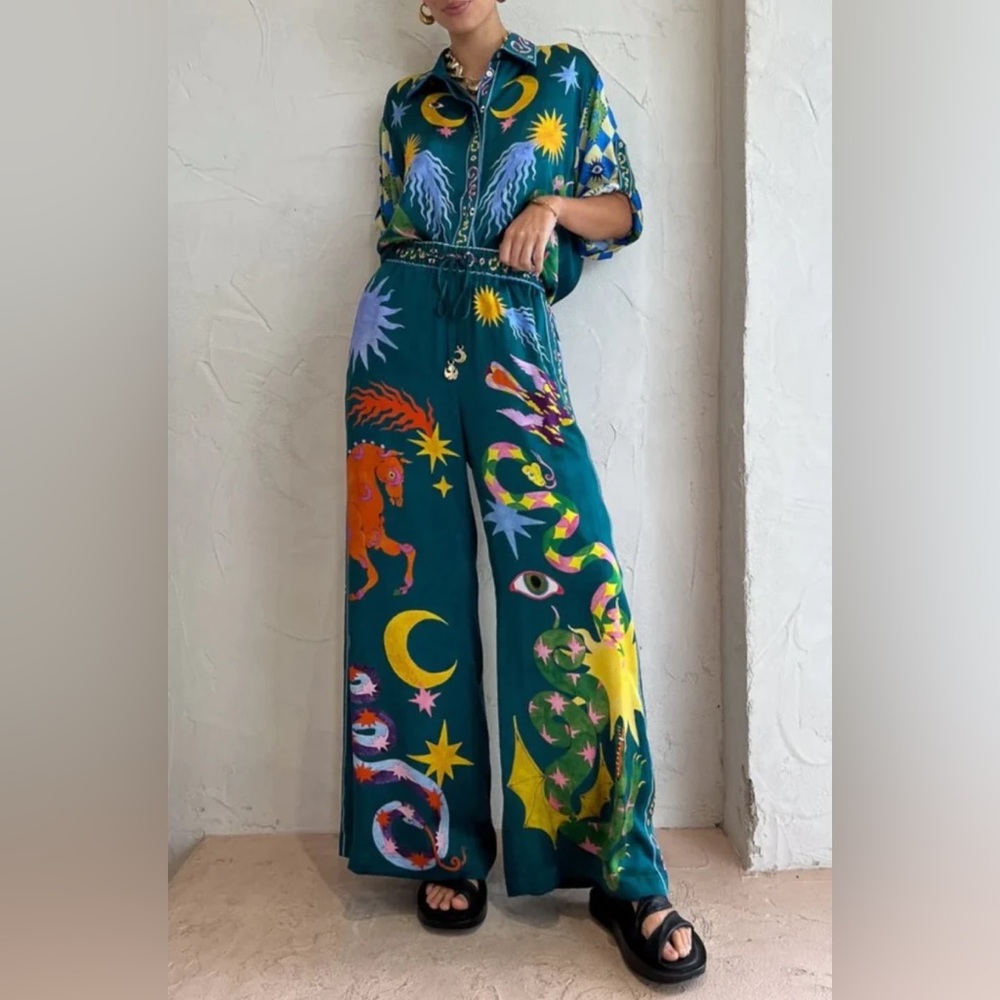 Printed Wide-Leg Jumpsuit in Teal with Celestial Motif - Picture 4 of 16